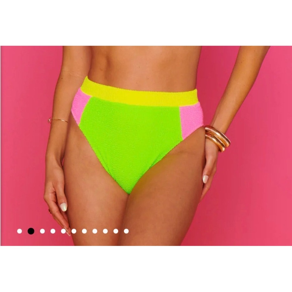 Show Me Your Mumu Neon Colorblock High Waisted Bikini Bottoms Green Pink‎  S